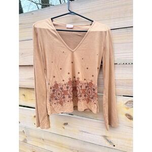 Y2K San Joy Vintage Tan Beaded Floral V-Neck Long Sleeve Top Suede Feel Boho Y2K